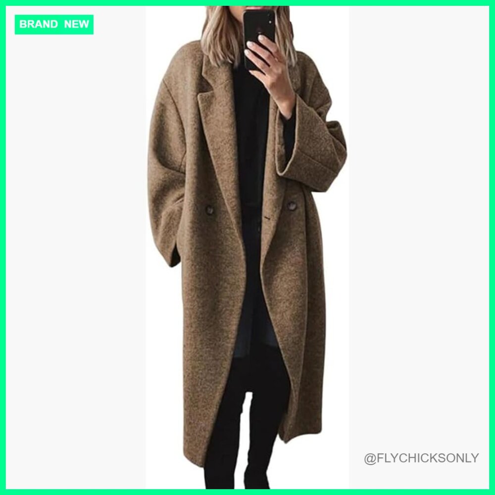 Wool Blend Pea Coat Double Breasted Notch Lapel Long Sleeve Trench